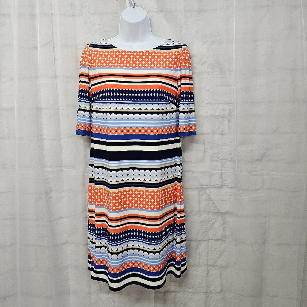 Eliza J Dress Sheath Blue Coral Retro Stripes Office 6
